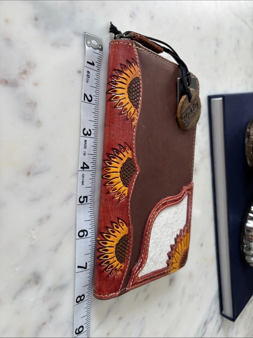 Myra Bag Brown Leather Zip Wallet with Sunflower Appliqué